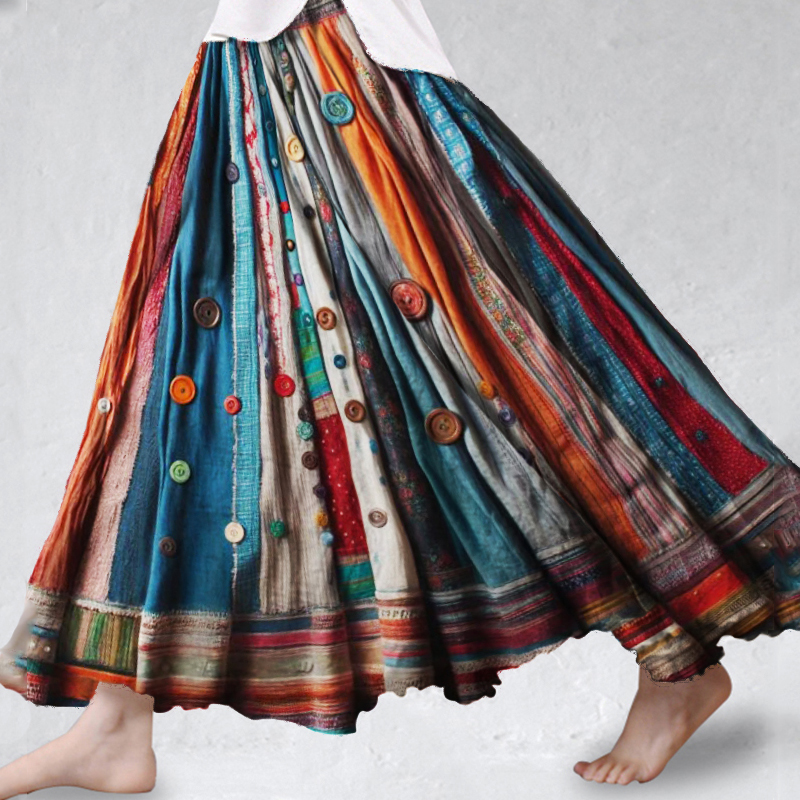 Boho Colorful Textile Flowy Linen Blend Wide Skirt