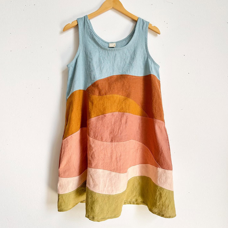 Sunny Earthy Landscape Colorblock Patchwork Linen Tank Dress Sunny Earthy Landscape Colorblock Patchwork Linen Tank Dress