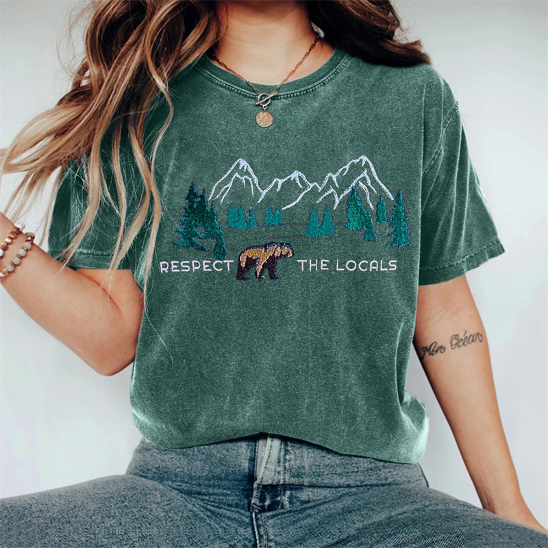 Respect The Locals Bear Landscape Embroidered Washed T Shirt Respect The Locals Bear Landscape Embroidered Washed T Shirt
