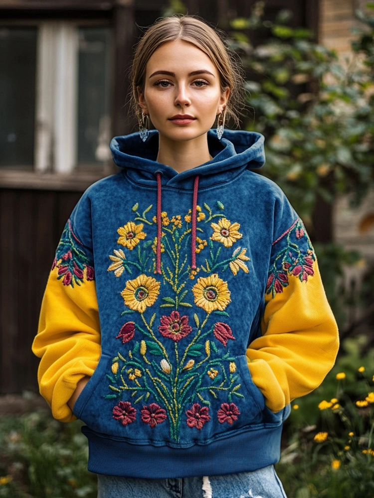 Vintage Ukrainian Folk Floral Embroidered Contrast Color Washed Hoodie
