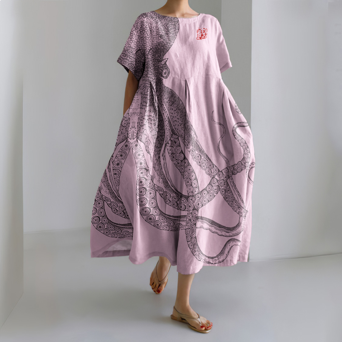Japanese Art Octopus And Crab Print Casual Art Linen Blend Maxi Dress Japanese Art Octopus And Crab Print Casual Art Linen Blend Maxi Dress