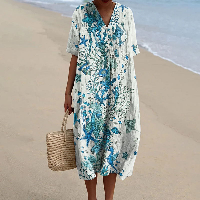 Women's Holiday Series Starfish And Seaweed Pattern Pattern Casual Flowy Midi Dress Women's Holiday Series Starfish And Seaweed Pattern Pattern Casual Flowy Midi Dress