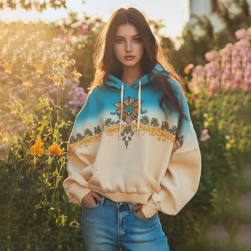Ukrainian Folk Sunflower Embroidered Gradient Art Pattern Hoodie Ukrainian Folk Sunflower Embroidered Gradient Art Pattern Hoodie