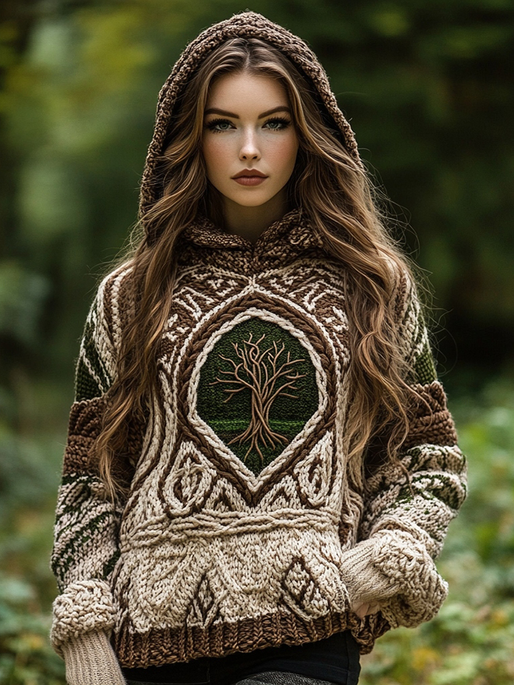 Women's Viking Style Tree Of Life Cozy Chunky Hooded Sweater