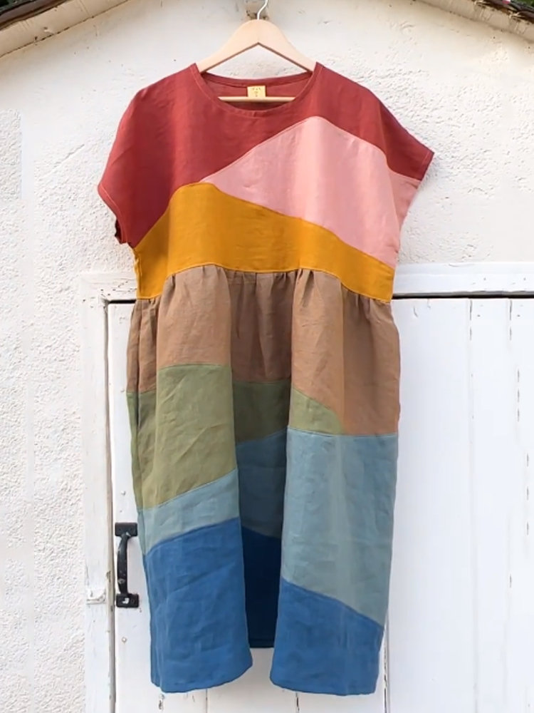 Colorful Earthy Landscape Patchwork Linen Dress