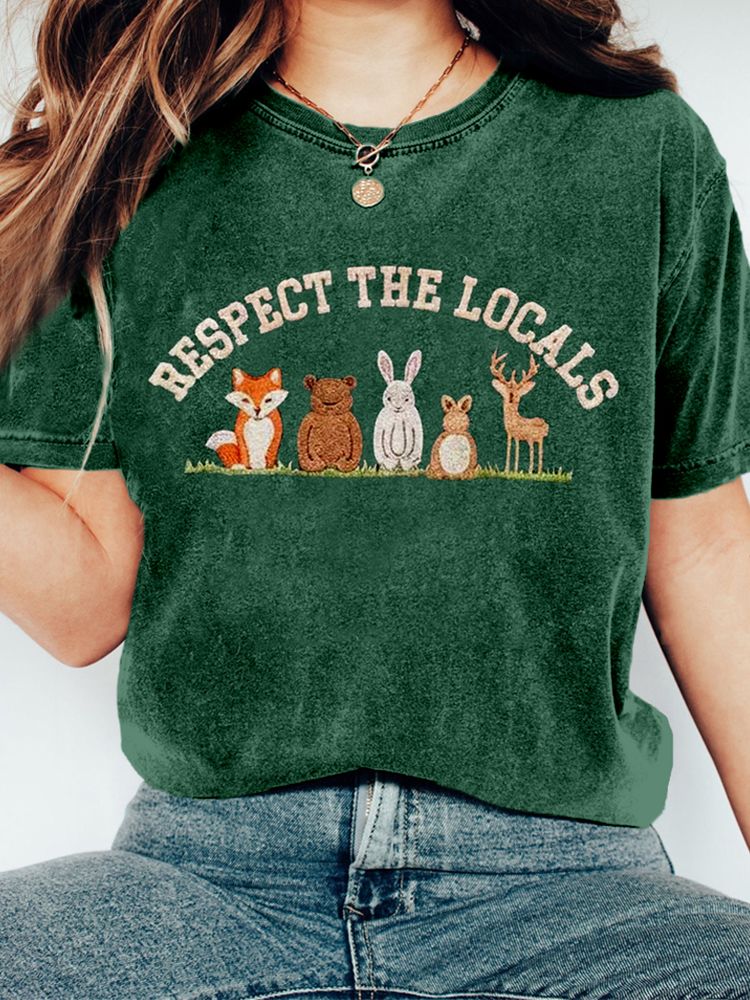 Respect The Locals Forest Animal Embroidered Washed T Shirt