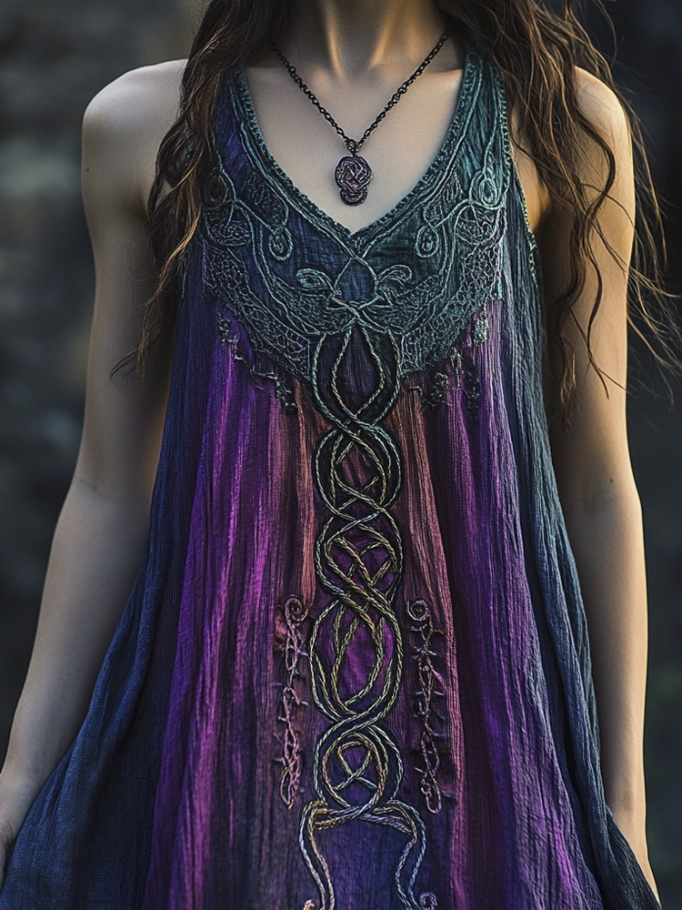 Vintage Celtic Mythology Gradient Lace Linen Tank Dress