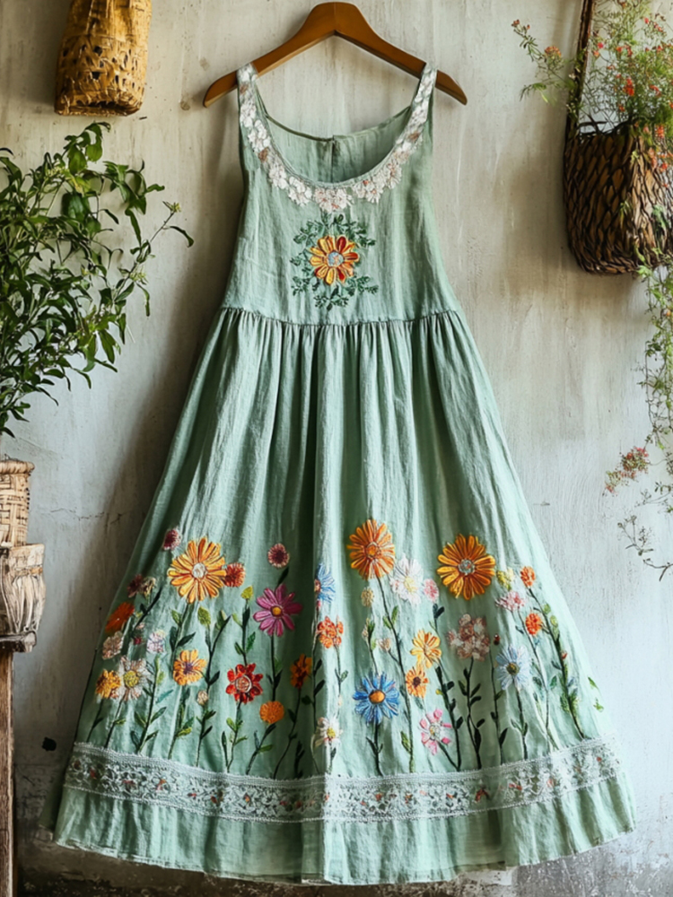 Vintage Boho Colorful Floral Lace Embroidered Art Linen Tank Dress