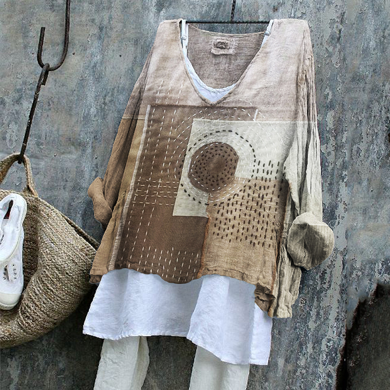 Japanese Sashiko Art Geometric Patchwork Linen Blend Tunic Japanese Sashiko Art Geometric Patchwork Linen Blend Tunic