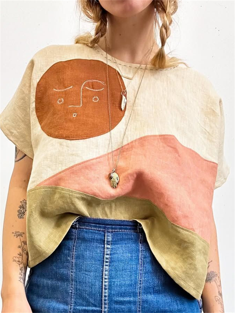 Sunrise & Bird Earthy Landscape Patchwork Linen Top