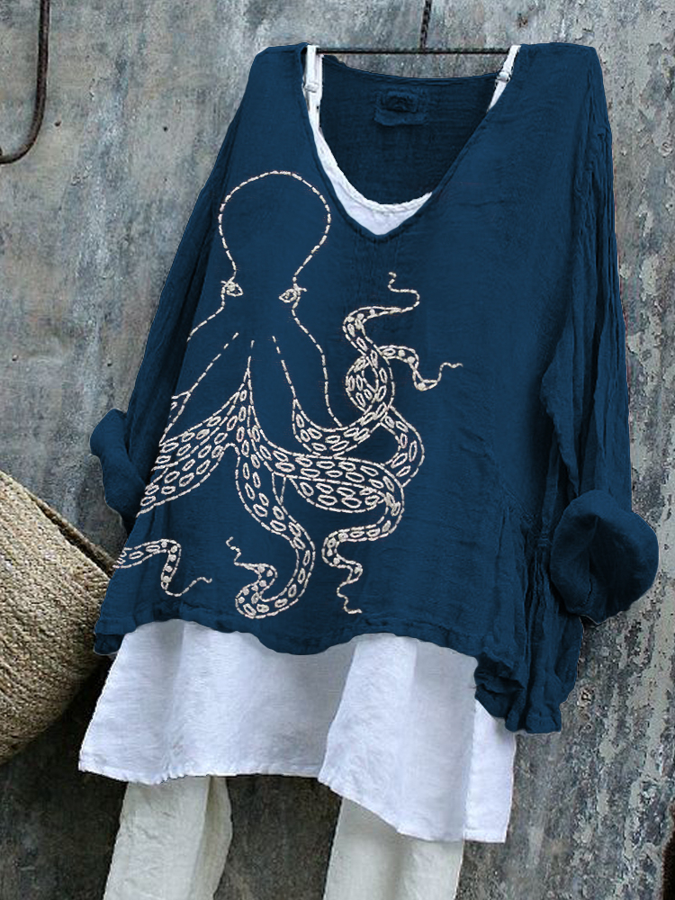 Japanese Octopus Embroidered Sashiko Linen Blend Tunic