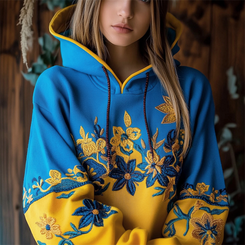Ukraine Ethnic Floral Embroidered Contrast Color Hoodie