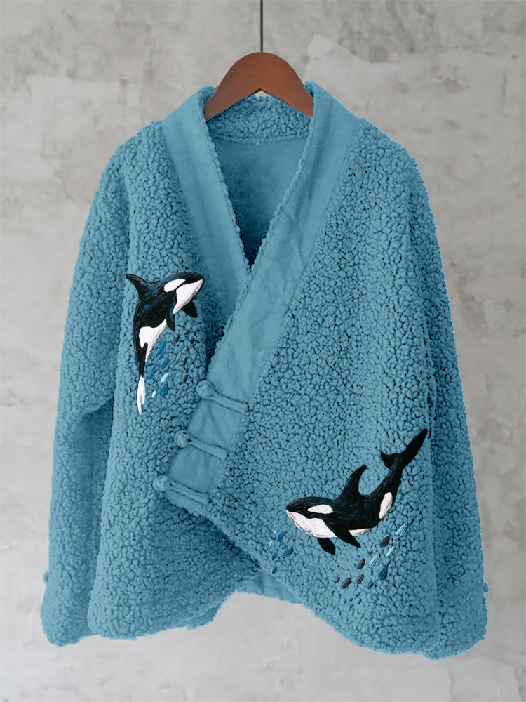 Ocean Whales Embroidery Art Fleece Kimono Cardigan Ocean Whales Embroidery Art Fleece Kimono Cardigan