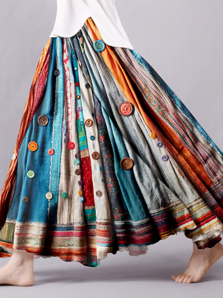 Vintage Bohemian Colorful Textile Linen Skirt