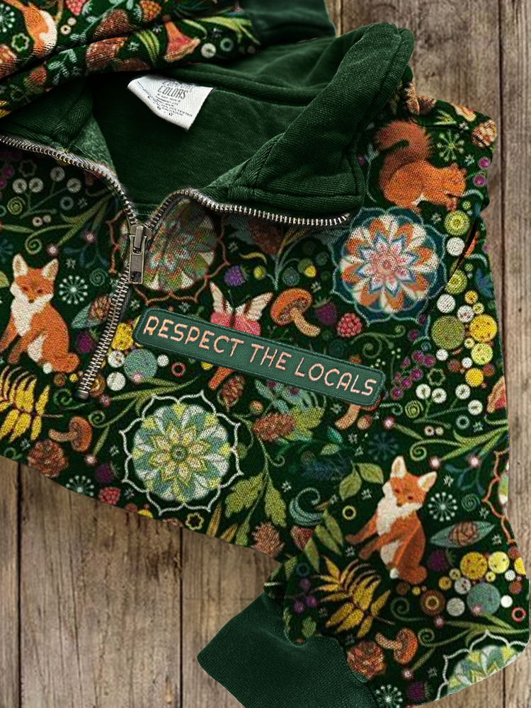 Respect The Locals Embroidered Animals Floral Zip Up Sweatshirt