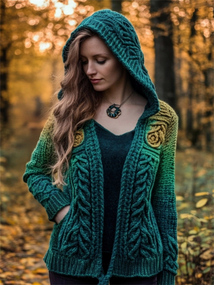 Irish Forest Gradient Celtic Cozy Hooded Cardigan