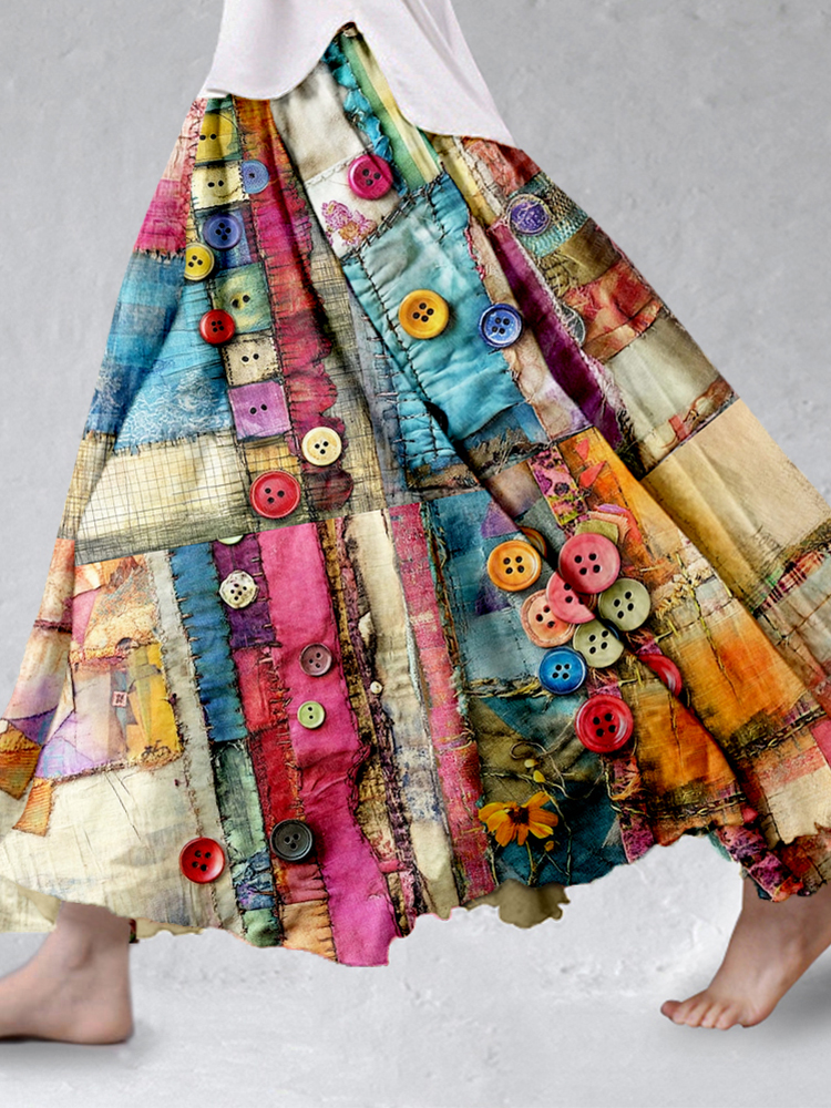 Colorful Boho Patchwork Flowy Linen Blend Wide Skirt