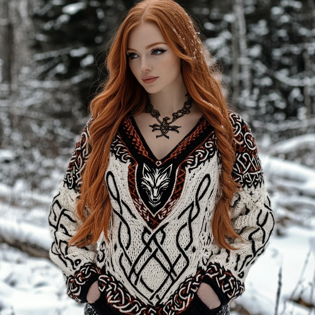 Women's Viking Wolf Jacquard Celtic Style Knit V-neck Sweater Women's Viking Wolf Jacquard Celtic Style Knit V-neck Sweater