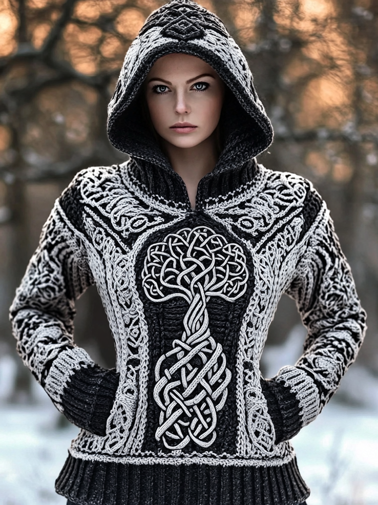 Women's Viking Tree Style Celtic Knit Warm Hooded Sweater