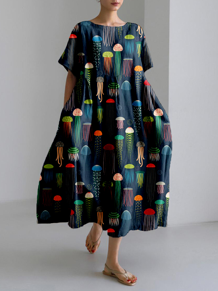 Colorful Jellyfish Art Pattern Linen Blend Maxi Dress Colorful Jellyfish Art Pattern Linen Blend Maxi Dress