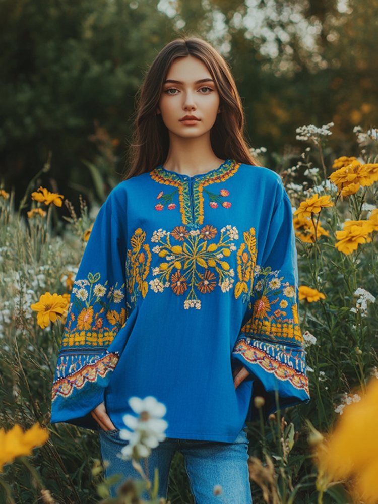 Vintage Ukrainian Folk Floral Embroidery Linen Shirt