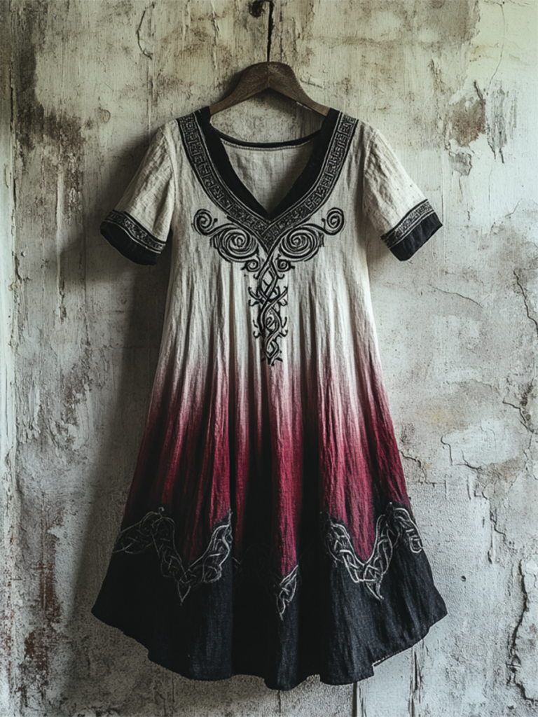 Bohemian Viking Tribal Celtic Knot Gradient Embroidery Art Linen Round Neck Midi Dress