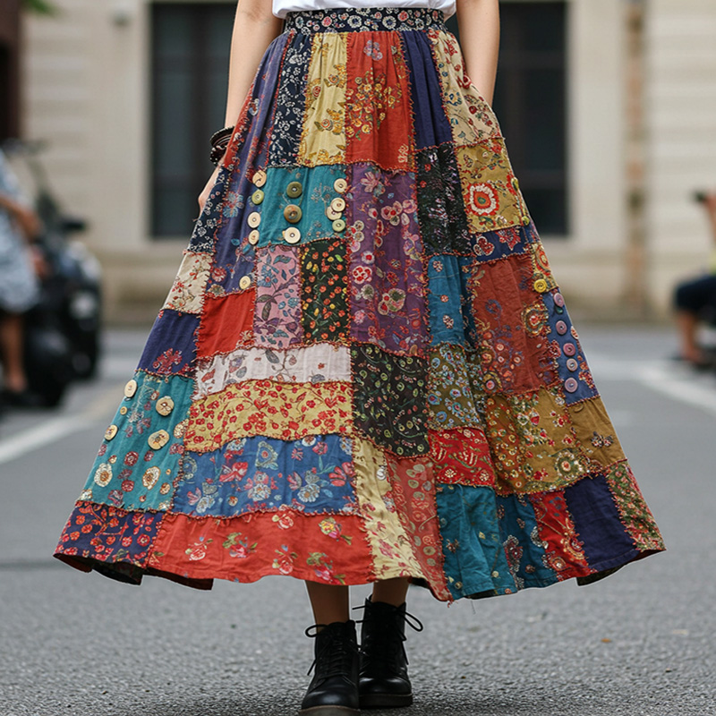 Bohemian Style Colorful Patchwork Ethnic Print Skirt