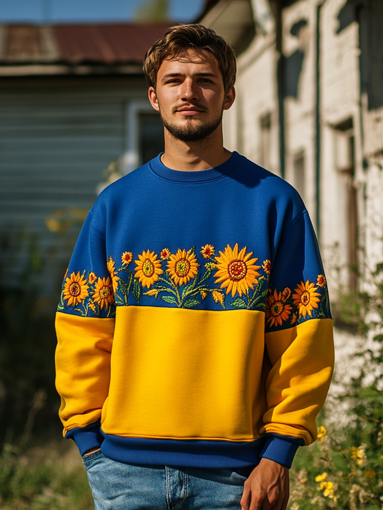 Men's Ukrainian Sunflower Embroidery Crew Neck Sweatshirt