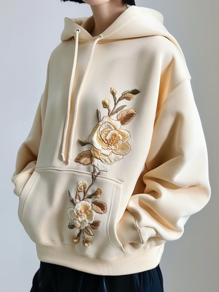Elegant Floral Embroidered Comfy Hoodie