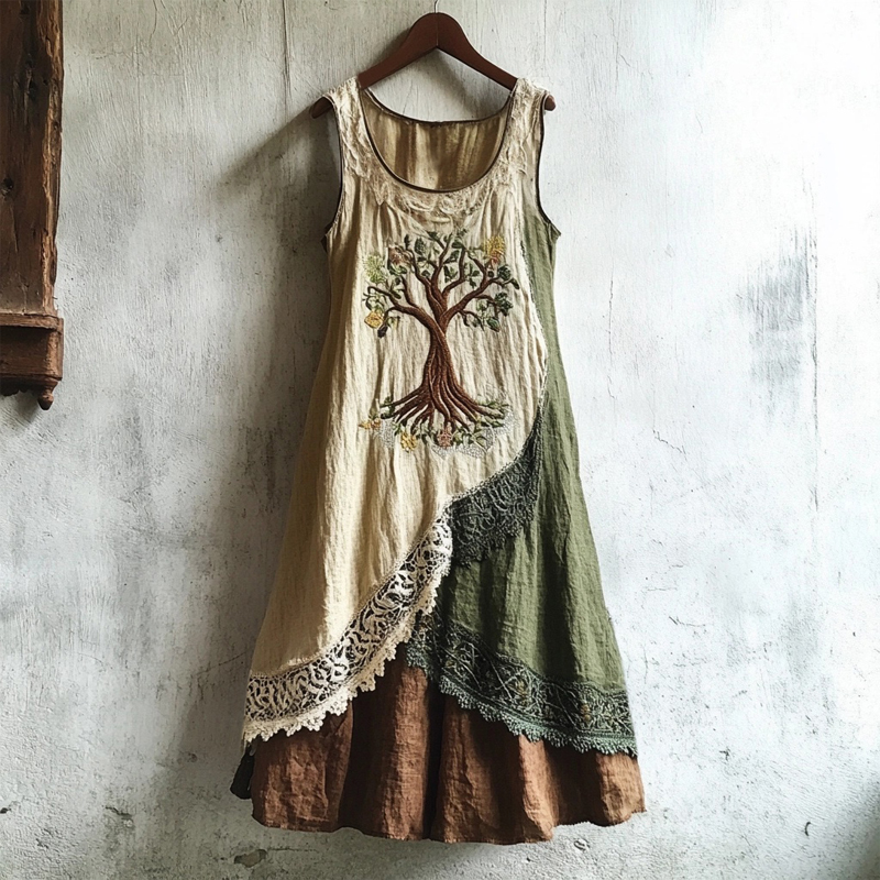 Vintage Viking Tree Of Life Embroidered Flowy Linen Dress