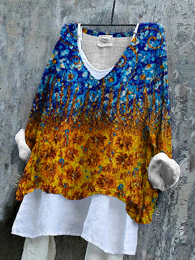 Ukrainian Sunflower Print Linen Women's V-neck Shirt