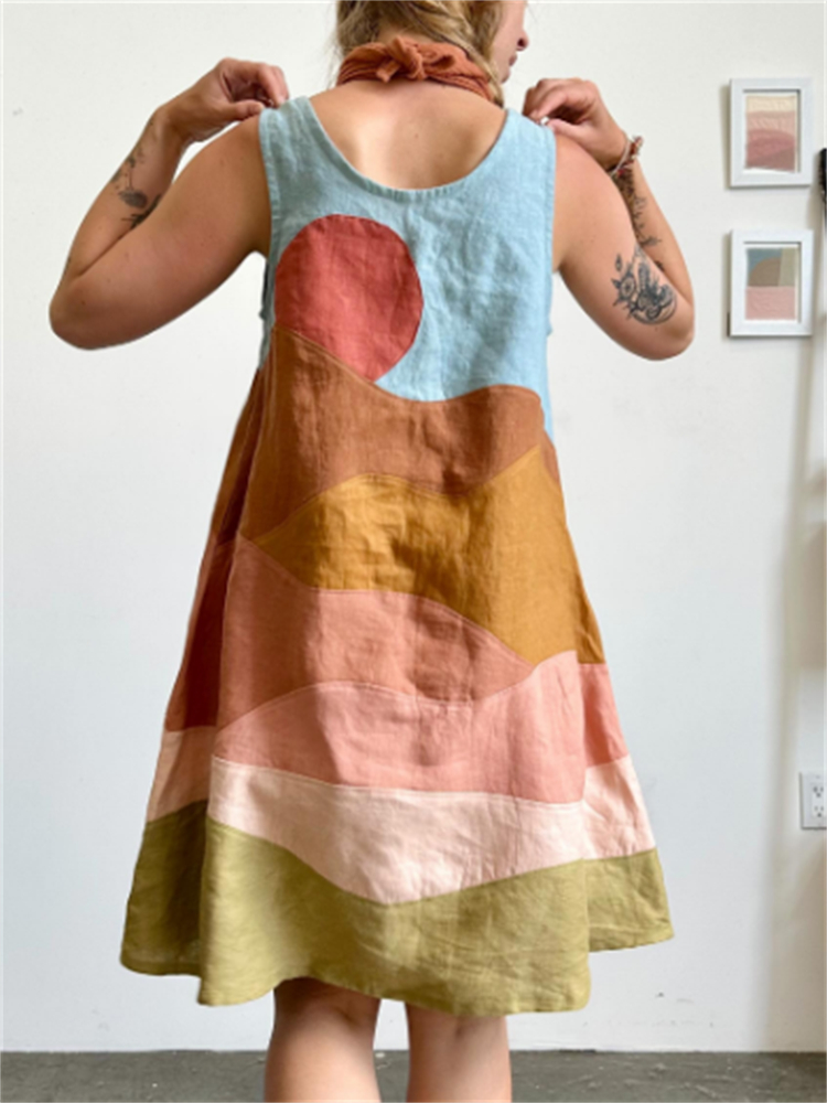 Sunny Earthy Landscape Colorblock Patchwork Linen Tank Dress Sunny Earthy Landscape Colorblock Patchwork Linen Tank Dress