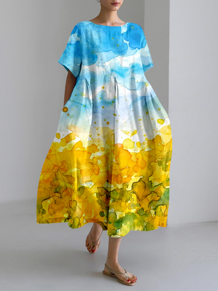 Ukrainian Abstract Sunflowers Art Linen Blend Maxi Dress