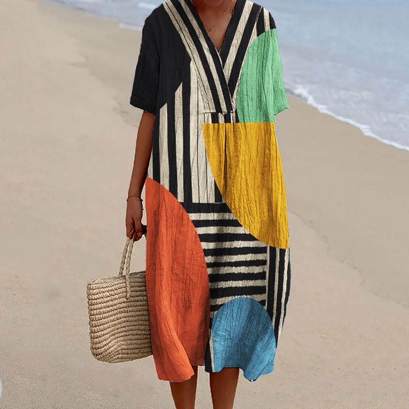 Colorblock Geometric Art Striped Flowy Linen Blend Dress Colorblock Geometric Art Striped Flowy Linen Blend Dress