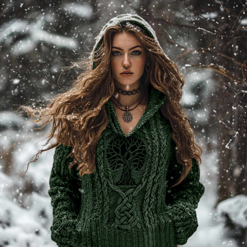Women's Viking Tribal Runes Life Of Tree Chunky Knit Hooded Sweater Women's Viking Tribal Runes Life Of Tree Chunky Knit Hooded Sweater