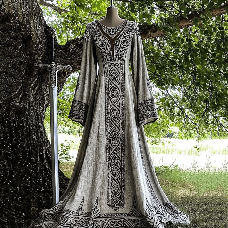 Vintage Viking Pattern V Neck Casual Maxi Dress Vintage Viking Pattern V Neck Casual Maxi Dress