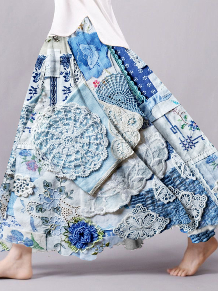 Vintage Bohemian Patch Textile Linen Skirt