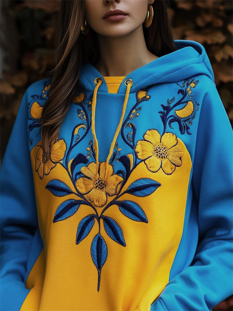 Ukraine Ethnic Floral Embroidered Contrast Color Hoodie