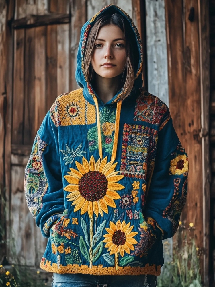 Ukrainian Sunflower Embroidered Patchwork Comfy Hoodie