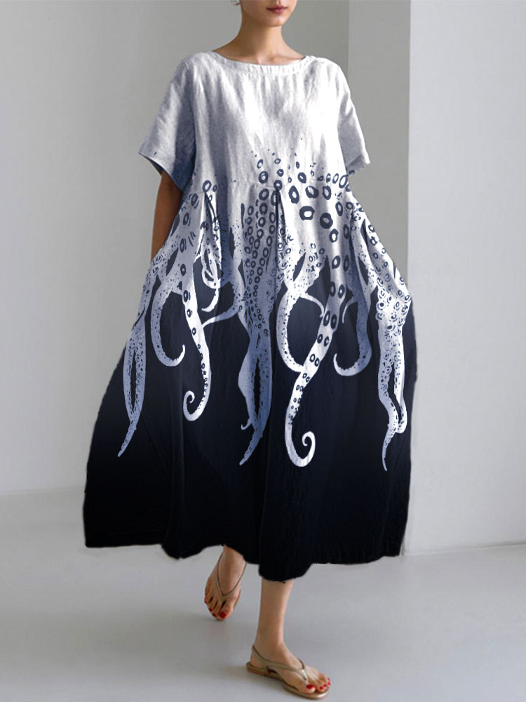 Ocean Octopus Japanese Art Linen Blend Casual Dress Ocean Octopus Japanese Art Linen Blend Casual Dress