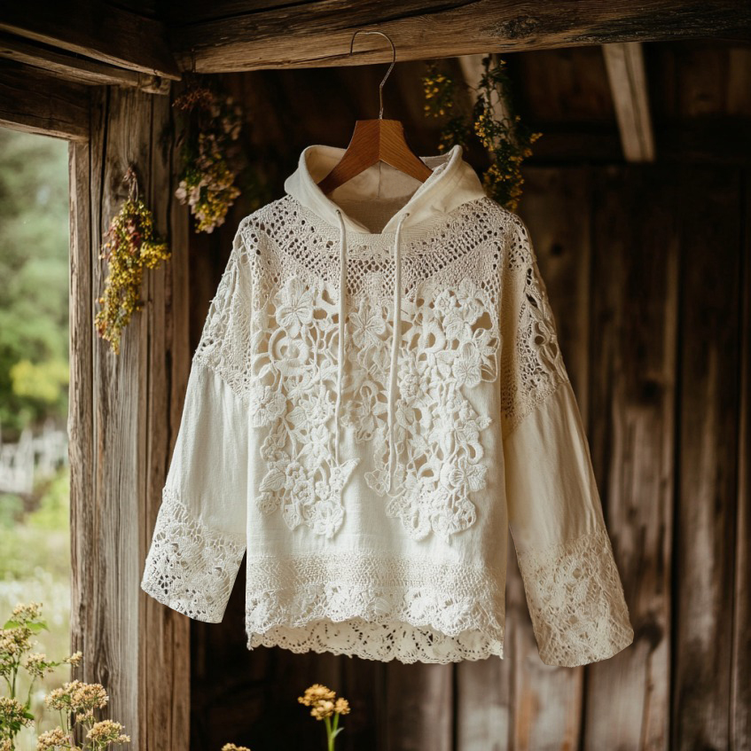 Women's Floral Lace Embroidery Patchwork Art Hoodie Women's Floral Lace Embroidery Patchwork Art Hoodie