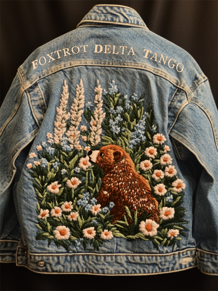 Foxtrot Data Tango Bear Floral Embroidered Denim Jacket