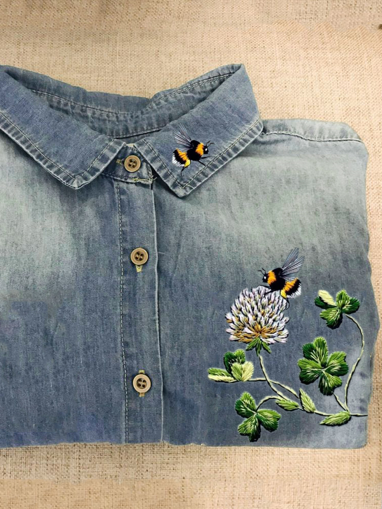 Cottage Bees & Clovers Embroidered Washed Denim Blouse