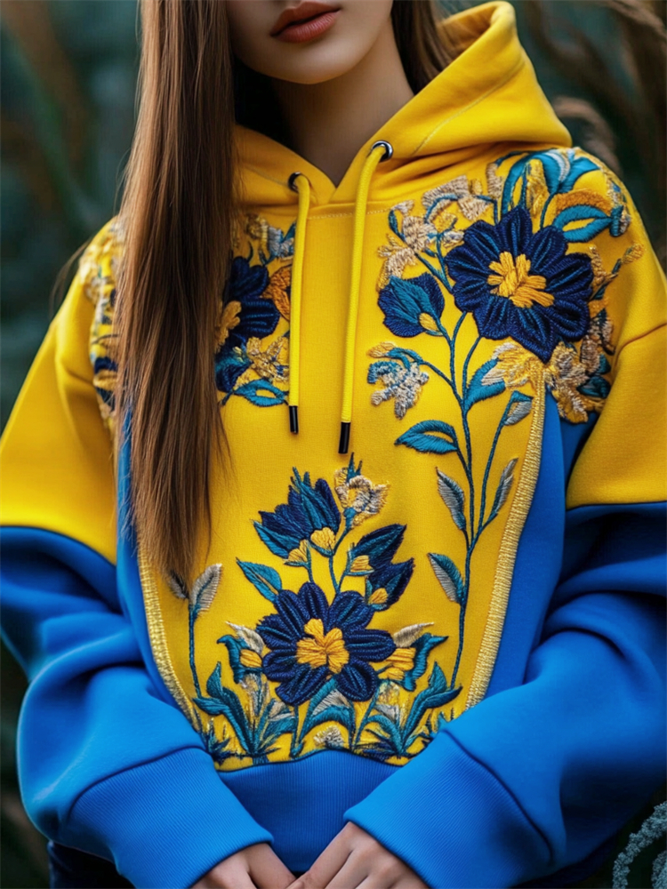 Ukraine Ethnic Floral Embroidered Contrast Patchwork Hoodie