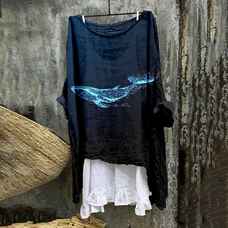 Ocean Whale Art Graphic Linen Blend Flowy Tunic Ocean Whale Art Graphic Linen Blend Flowy Tunic