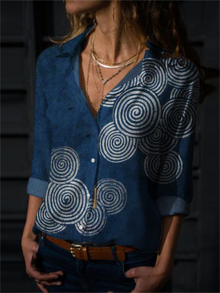 Simple Sea Waves Japanese Lino Art Flowy Blouse