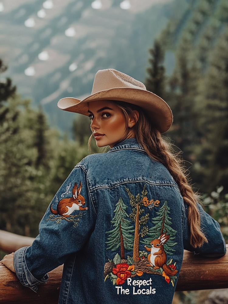 Respect The Locals Squirrel Pattern Women's Denim Jacket