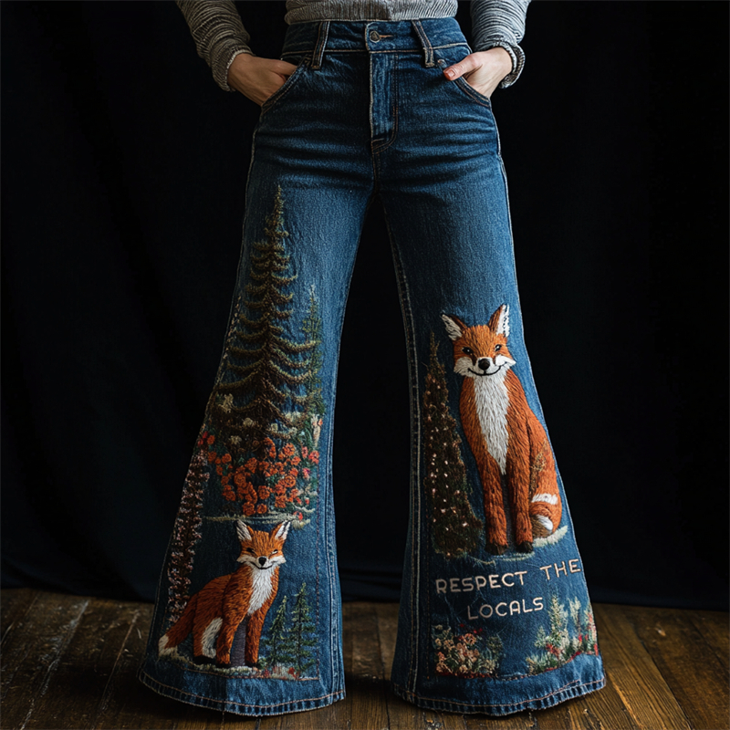 Respect The Locals Forest Foxes Embroidered Flare Jeans Respect The Locals Forest Foxes Embroidered Flare Jeans