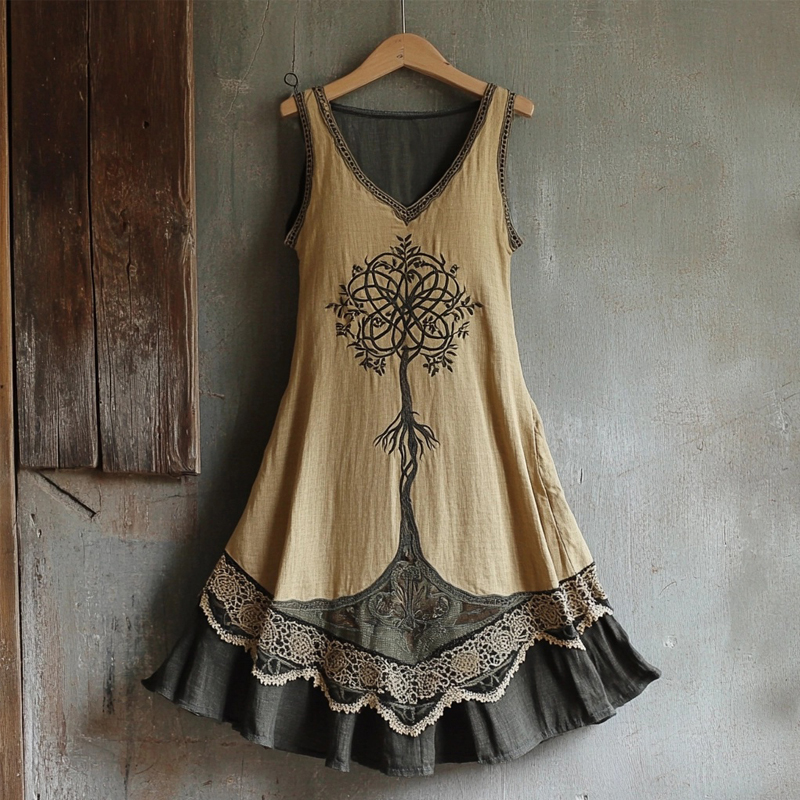 Viking Celtic Tree Of Life Patchwork Linen Tank Dress Viking Celtic Tree Of Life Patchwork Linen Tank Dress