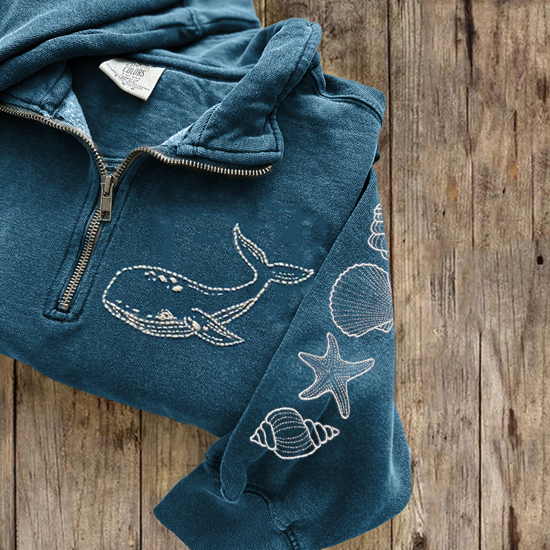 Whale & Sea Shells Embroidered Zip Up Sweatshirt Whale & Sea Shells Embroidered Zip Up Sweatshirt